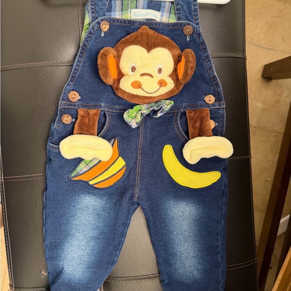 Kidschool pace Denim Overalls with 3D Monkey Design - Blue